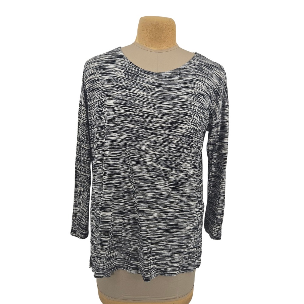 August Silk Top Women Large Black White Space Dye Long Sleeve Rayon Pullover